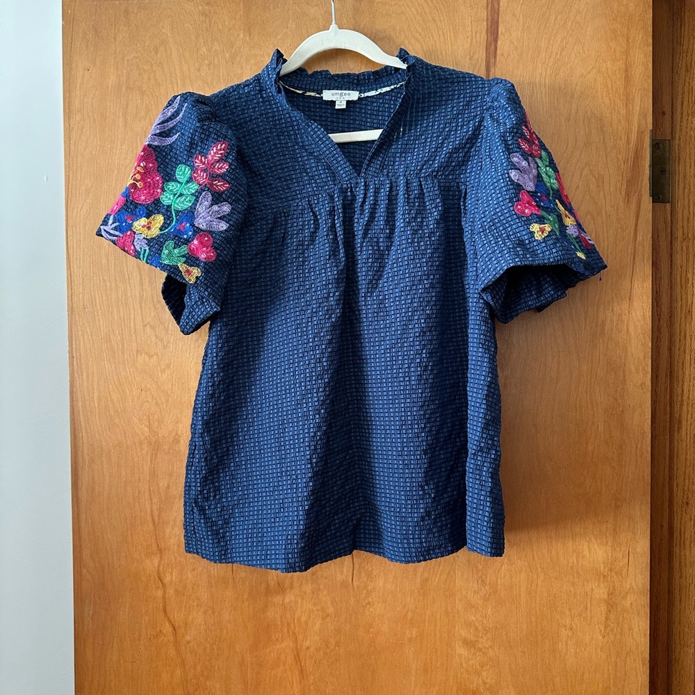 Umgee Navy Textured Blouse with Colorful Embroidery
